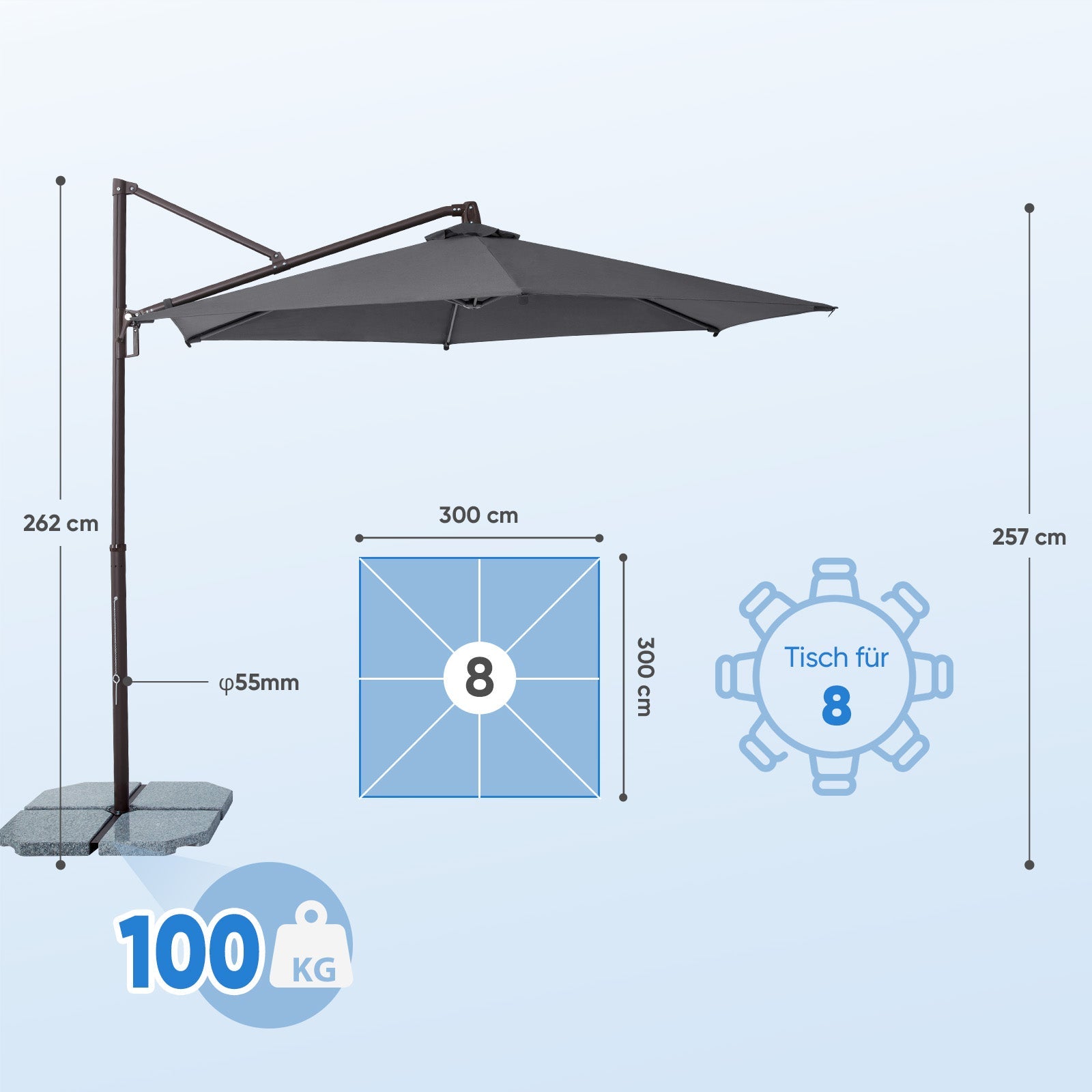 Sekey Ampelschirm 300 cm Aluminium Sonnenschirm mit 360° Drehung, Neigefunktion, UV50+ Schutz Sekey