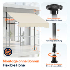 Sekey Klemmmarkise ohne Bohren Beige (200–350 cm Breite), 130 cm Ausfall, 0–90° verstellbar, wasserdicht & UV-Schutz (UPF 50+), Balkon Markise mit Handkurbel für Terrasse & Garten