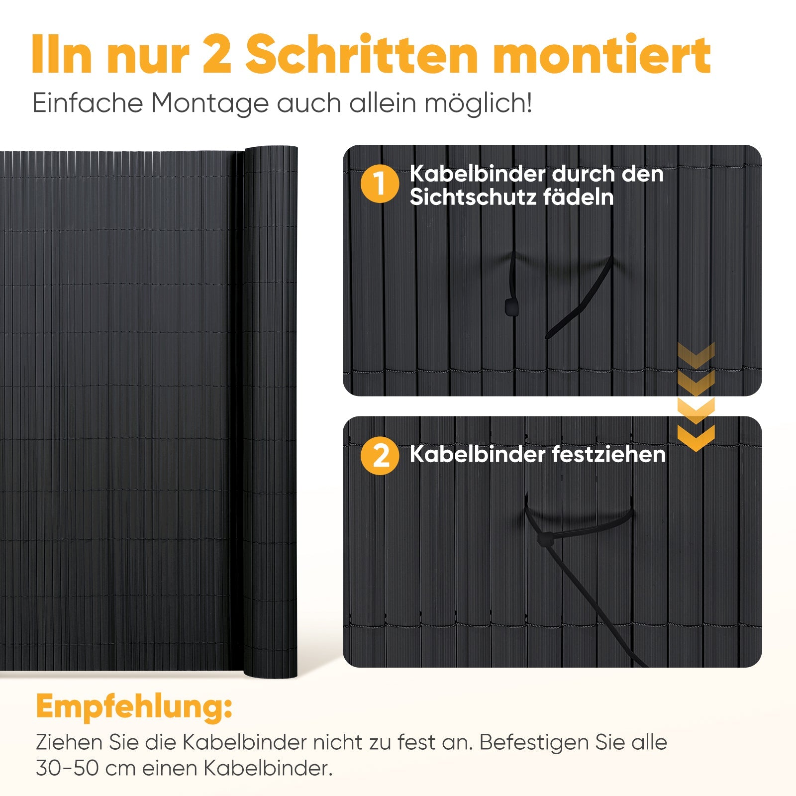 Sunula PVC Sichtschutzmatte, Balkon Sichtschutz, Doppelte Verstärkung, Ohne Bohren, Mit Kabelbindern, Wasserdicht, Windschutz, Balkonabdeckung für Garten Terrasse, Anthrazit SEKEYMALL
