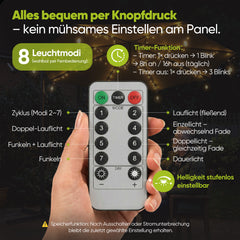 Sekey Sonnenschirm Beleuchtung Solar LED Lichterkette – 136 LEDs & 8 Glühbirnen, Fernbedienung, 8 Leuchtmodi, dimmbar, mit Timer, Garten & Terrasse Deko für Ampelschirm & Sonnenschirm