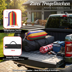 Sekey Hängematte mit Gestell – höhenverstellbare Doppelhängematte bis 200 kg, freistehend mit Stahlrahmen & 2 Tragetaschen für Garten, Balkon, Terrasse & Outdoor