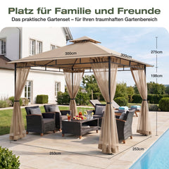Sekey Garten Pavillon 3x3 m, Gartenzelt mit Moskitonetz, Atmungsaktives Doppeldach 160g/㎡ Polyester