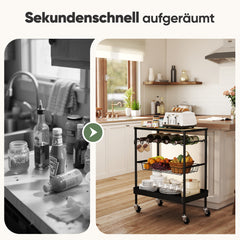Sekey Servierwagen mit Rollen – Barwagen & Küchenwagen mit MDF-Platte, Weinglashalter, Haken & Schubladenkorb, 360°-Rollen, Griff, rostfest – Schwarz