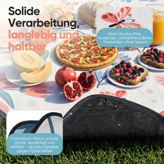 Sekey Picknickdecke Wasserdicht 200x200 cm – Sandfreie Stranddecke mit Schmetterlings- & Blumenmuster, blaue Blätter & rosa Blumen, PEVA-Unterseite & Tragegurt für Picknick, Camping und Strand