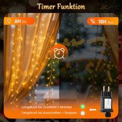 Salcar LED-Lichtervorhang 300er Eisregen 3x1 m, 8 Modi & Timer, Warmweiß, IP44, Innen- & Außenbeleuchtung für Weihnachten & Party