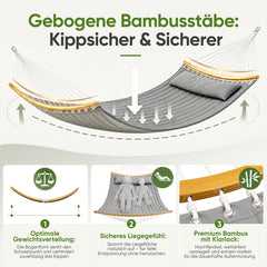 Sekey XXL Doppelhängematte mit Kissen – Gepolsterte Hängematte für 2 Personen, bis 200 kg belastbar, mit Bambus-Spreizstäben und Tragetasche für Garten, Balkon & Camping