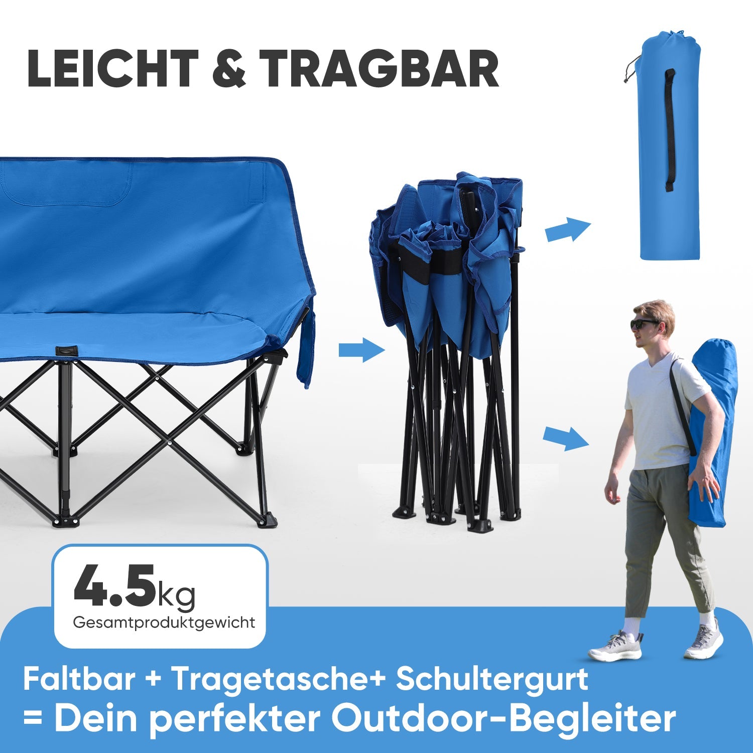 Sunula Faltbarer Campingsofa für 2 Personen, Tragbarer Campingstuhl bis 150 kg, Mit Armlehne und Tragetasche, Outdoor-Faltstuhl, Ideal für Picknick, Camping, Garten, Balkon, Angeln Sekey