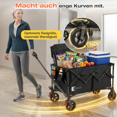 Sunula Faltbarer Bollerwagen 120 kg – 150L Handwagen mit Geländerädern, Bremsen & Einhandgriff, 3024