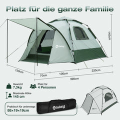 Sekey 2-Personen Campingzelt mit Hydraulik Pop-up System – Wurfzelt wasserdicht PU3000+, UV50+ Schutz, 2-in-1 Kuppelzelt mit Vorzelt & Markise für Outdoor & Familie