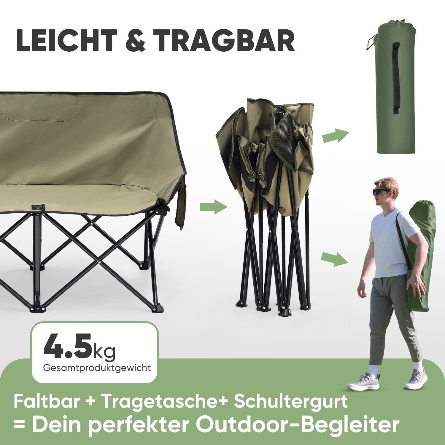 Sunula Faltbarer Campingsofa für 2 Personen, Tragbarer Campingstuhl bis 150 kg, Mit Armlehne und Tragetasche, Outdoor-Faltstuhl, Ideal für Picknick, Camping, Garten, Balkon, Angeln Sekey
