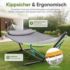 Sekey Hängemattengestell mit Doppelhängematte – Hängematte mit Gestell für 2 Personen, mit Kissen, bis 200 kg belastbar, für Garten, Balkon & Outdoor