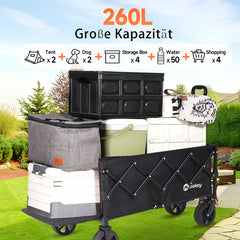 Sunula Faltbarer Bollerwagen 3025 mit Verlängerter Ladefläche, 150 kg Tragkraft, Extra Lang, Mit Bremse, Getränkehaltern & Geländereifen – Für Strand, Camping, Garten, Einkauf Sunula