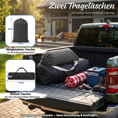 Sekey Hängematte mit Gestell – Höhenverstellbare Doppelhängematte bis 200 kg, freistehend mit Stahlrahmen & 2 Tragetaschen für Garten, Balkon, Terrasse, Camping & Indoor