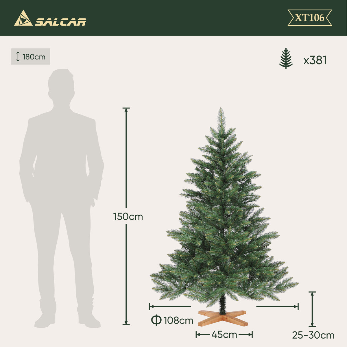 Salcar Künstlicher Weihnachtsbaum mit Holzständer, 150/180/210 cm, Realistischer PVC Christbaum, Pflegeleicht & Hochwertige Weihnachtsdekoration für Innenräume