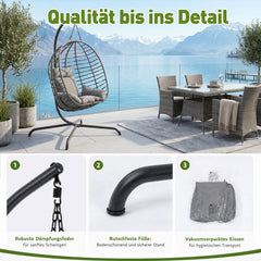 Sekey Hängesessel mit Gestell – Klappbarer Hängekorb aus PE-Rattan, Hängestuhl mit Sitz- & Kopfkissen, bis 150 kg belastbar, für Garten, Balkon, Terrasse & Wohnzimmer