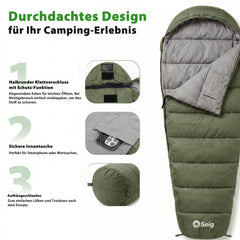 Sekey Mumienschlafsack Erwachsene – Ultraleichter Sommerschlafsack 0,9 kg / 1,7 kg, wasserabweisend & atmungsaktiv, mit Anti-Klemm-Reißverschluss, 220 × 80 × 50 cm, für Camping, Trekking & Reisen – Anthrazit / Grün