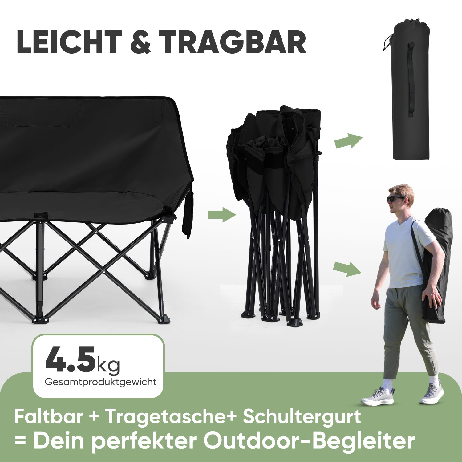Sunula Faltbarer Campingsofa für 2 Personen, Tragbarer Campingstuhl bis 150 kg, Mit Armlehne und Tragetasche, Outdoor-Faltstuhl, Ideal für Picknick, Camping, Garten, Balkon, Angeln Sekey