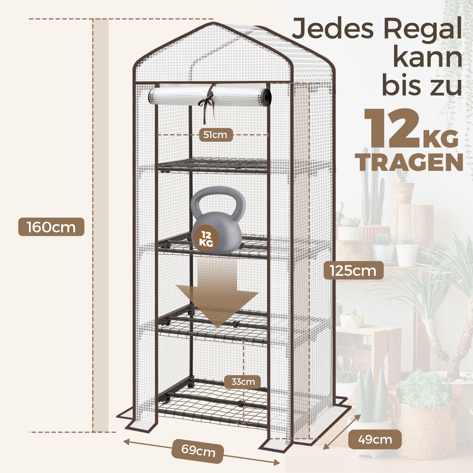 Sekey Mini-Gewächshaus für Tomaten mit 4 Ebenen Kompaktes Foliengewächshaus für Balkon & Garten, Stabil & Platzsparend (160×70×50 cm) Sekey