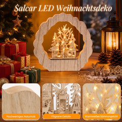 Salcar LED Schwibbogen aus Holz, 3D Weihnachtsdeko mit Weihnachtsdorf, 20 warmweiße LEDs, batteriebetriebener Lichterbogen für Fensterbank, Regal & Sideboard