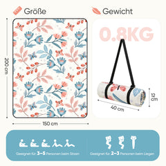 Sekey Picknickdecke Wasserdicht 200x200 cm – Sandfreie Stranddecke mit Schmetterlings- & Blumenmuster, blaue Blätter & rosa Blumen, PEVA-Unterseite & Tragegurt für Picknick, Camping und Strand
