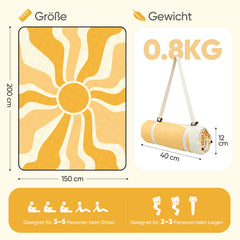 Sekey Picknickdecke Wasserdicht – Sandfreie Stranddecke mit Sonnen-Motiv, Sonnenmuster, PEVA-Unterseite & Tragegurt für Picknick, Camping und Strand