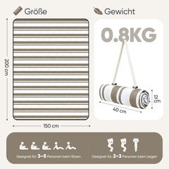 Sekey Picknickdecke Wasserdicht – Sandfreie Stranddecke mit klassischem Streifenmuster in Braun-Weiß, In Beige/Weiß gestreift, PEVA-Unterseite & Tragegurt für Picknick, Camping und Strand