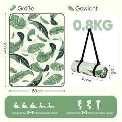Sekey Picknickdecke Wasserdicht bananenblatt muster, mit den Blättern, Sandfreie Stranddecke mit PEVA-Unterseite & Tragegurt für Picknick, Camping und Strand