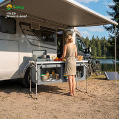 Sekey Campingtisch faltbar 120 cm, höhenverstellbarer Campingtisch mit 2 Staufächern, Outdoor Campingküche mit Aluminiumgestell, 54–70 cm, inkl. Tragetasche