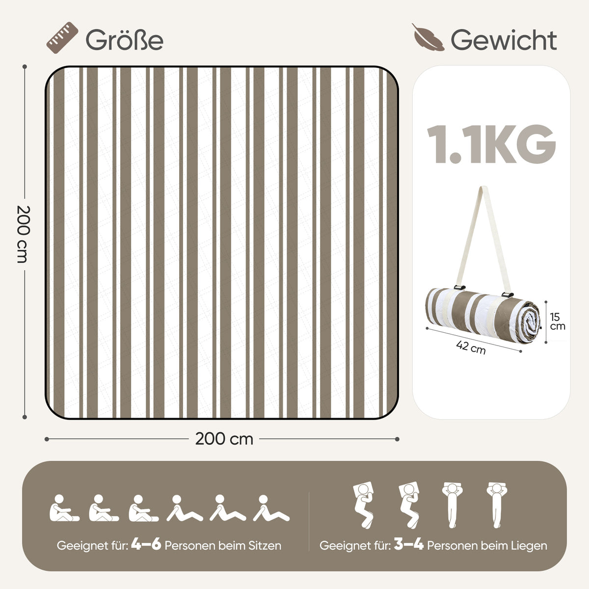 Sekey Picknickdecke Wasserdicht – Sandfreie Stranddecke mit klassischem Streifenmuster in Braun-Weiß, In Beige/Weiß gestreift, PEVA-Unterseite & Tragegurt für Picknick, Camping und Strand