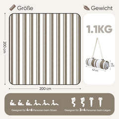 Sekey Picknickdecke Wasserdicht – Sandfreie Stranddecke mit klassischem Streifenmuster in Braun-Weiß, In Beige/Weiß gestreift, PEVA-Unterseite & Tragegurt für Picknick, Camping und Strand