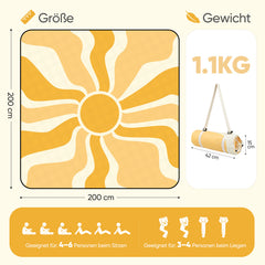 Sekey Picknickdecke Wasserdicht – Sandfreie Stranddecke mit Sonnen-Motiv, Sonnenmuster, PEVA-Unterseite & Tragegurt für Picknick, Camping und Strand