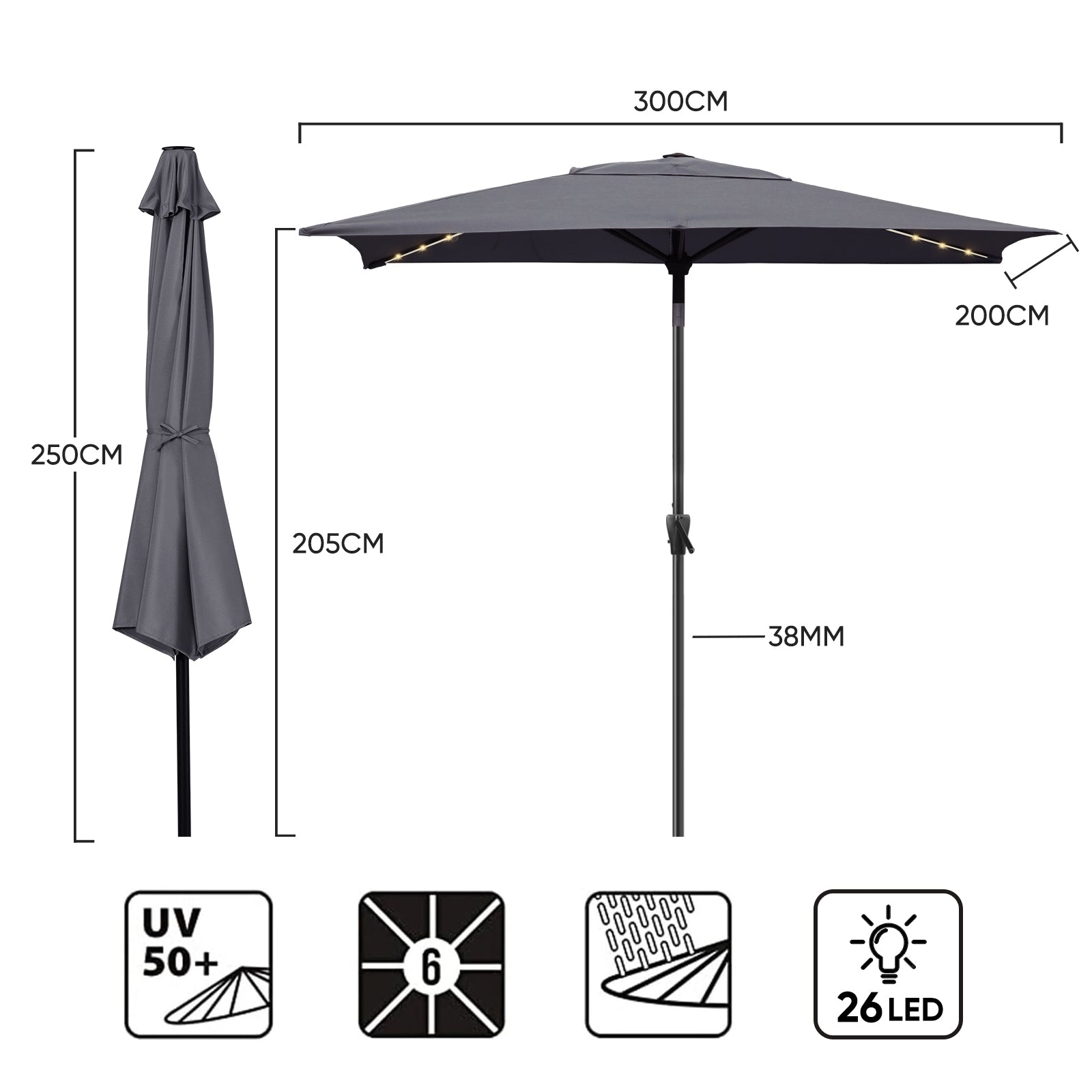 Sekey Sonnenschirm 300 x 200 cm Rechteckig Gartenschirm mit LED-Solar-Beleuchtung Sekey