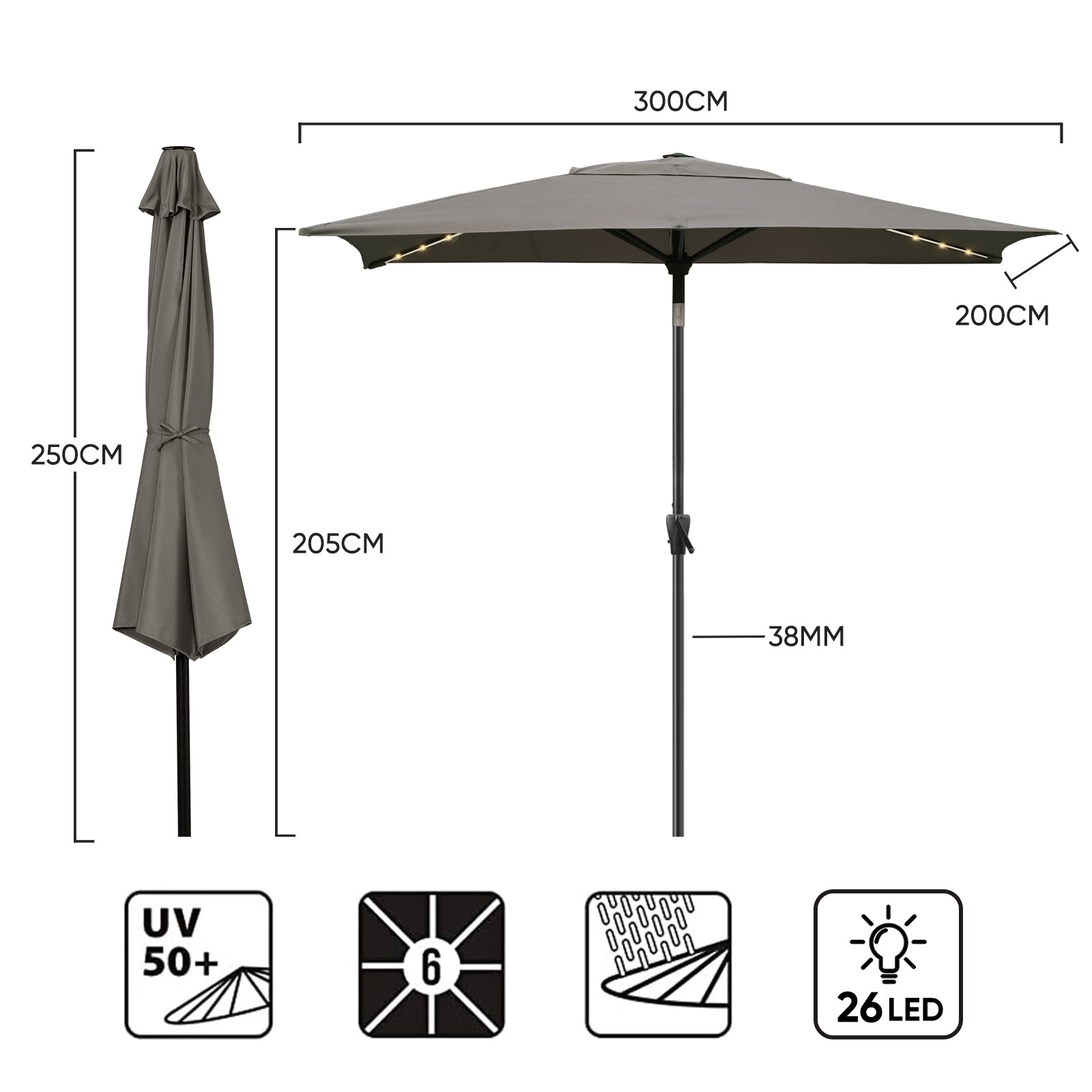 Sekey Sonnenschirm 300 x 200 cm Rechteckig Gartenschirm mit LED-Solar-Beleuchtung Sekey