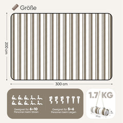Sekey Picknickdecke Wasserdicht – Sandfreie Stranddecke mit klassischem Streifenmuster in Braun-Weiß, In Beige/Weiß gestreift, PEVA-Unterseite & Tragegurt für Picknick, Camping und Strand