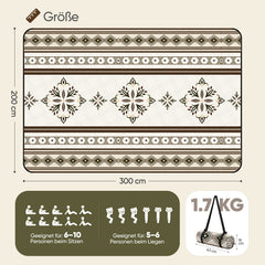 Sekey Picknickdecke Wasserdicht 200x200 cm – Sandfreie Stranddecke im Retro Bohemian Beige Design, PEVA-Unterseite & Tragegurt für Picknick, Camping und Strand