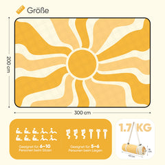 Sekey Picknickdecke Wasserdicht – Sandfreie Stranddecke mit Sonnen-Motiv, Sonnenmuster, PEVA-Unterseite & Tragegurt für Picknick, Camping und Strand