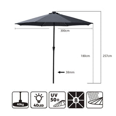 Sekey Solar-LED Sonnenschirm 300cm mit 40 LED, UV 50+, Alu-Sonnenschirm mit Kurbel Sekey
