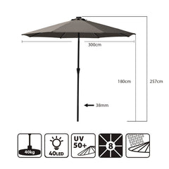 Sekey Solar-LED Sonnenschirm 300cm mit 40 LED, UV 50+, Alu-Sonnenschirm mit Kurbel Sekey
