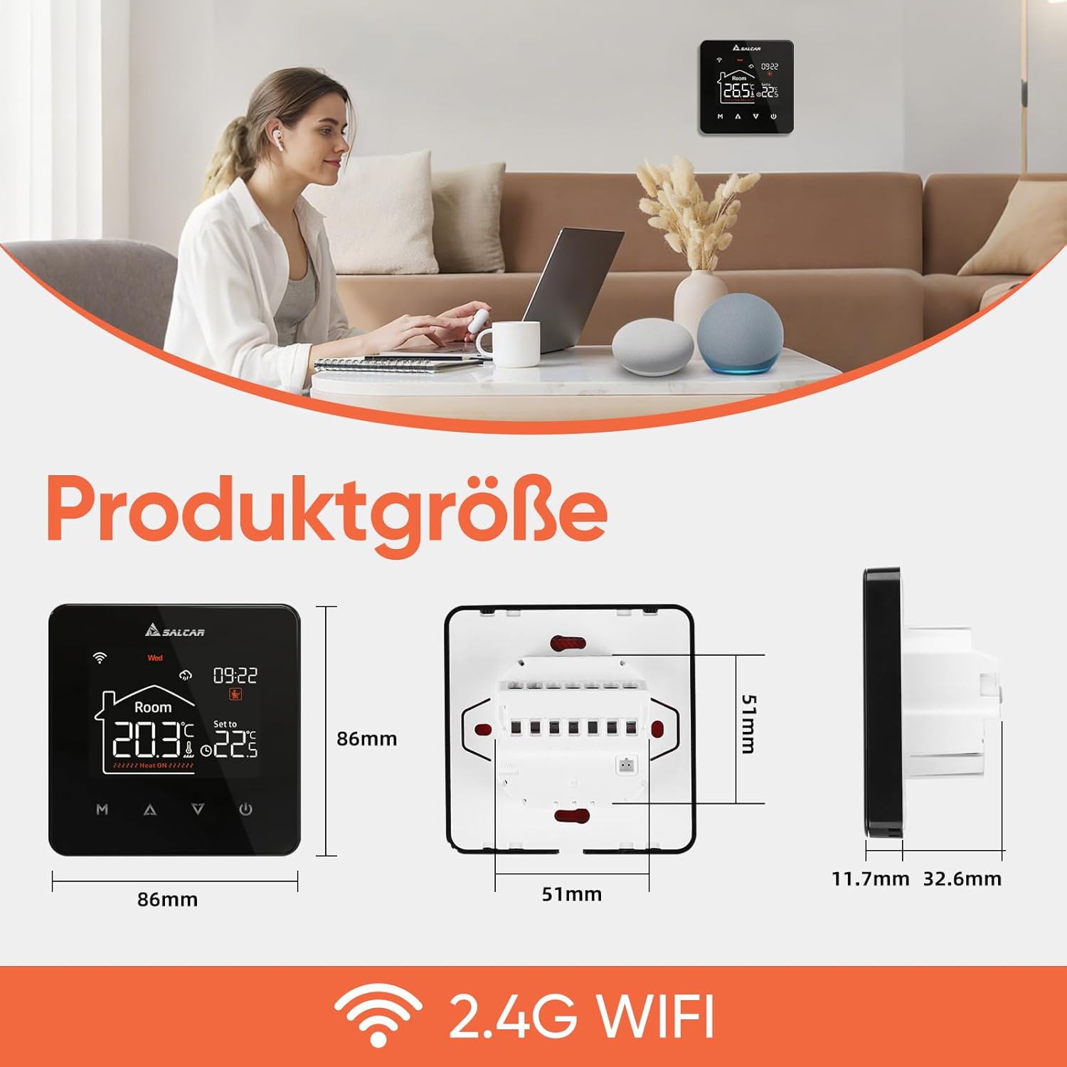 Salcar Smart WLAN Thermostat – Programmierbarer Raumthermostat für Wasser-Fußbodenheizung mit LCD-Display, kompatibel mit Alexa & Google Home SEKEYMALL