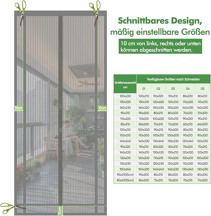 Sekey Fliegengitter Tür, Zuschneidbar & Selbstklebend, Magnetverschluss ohne Bohren, Insektenschutz für Balkon-, Terrassen- & Zimmertüren, Grau Sekey