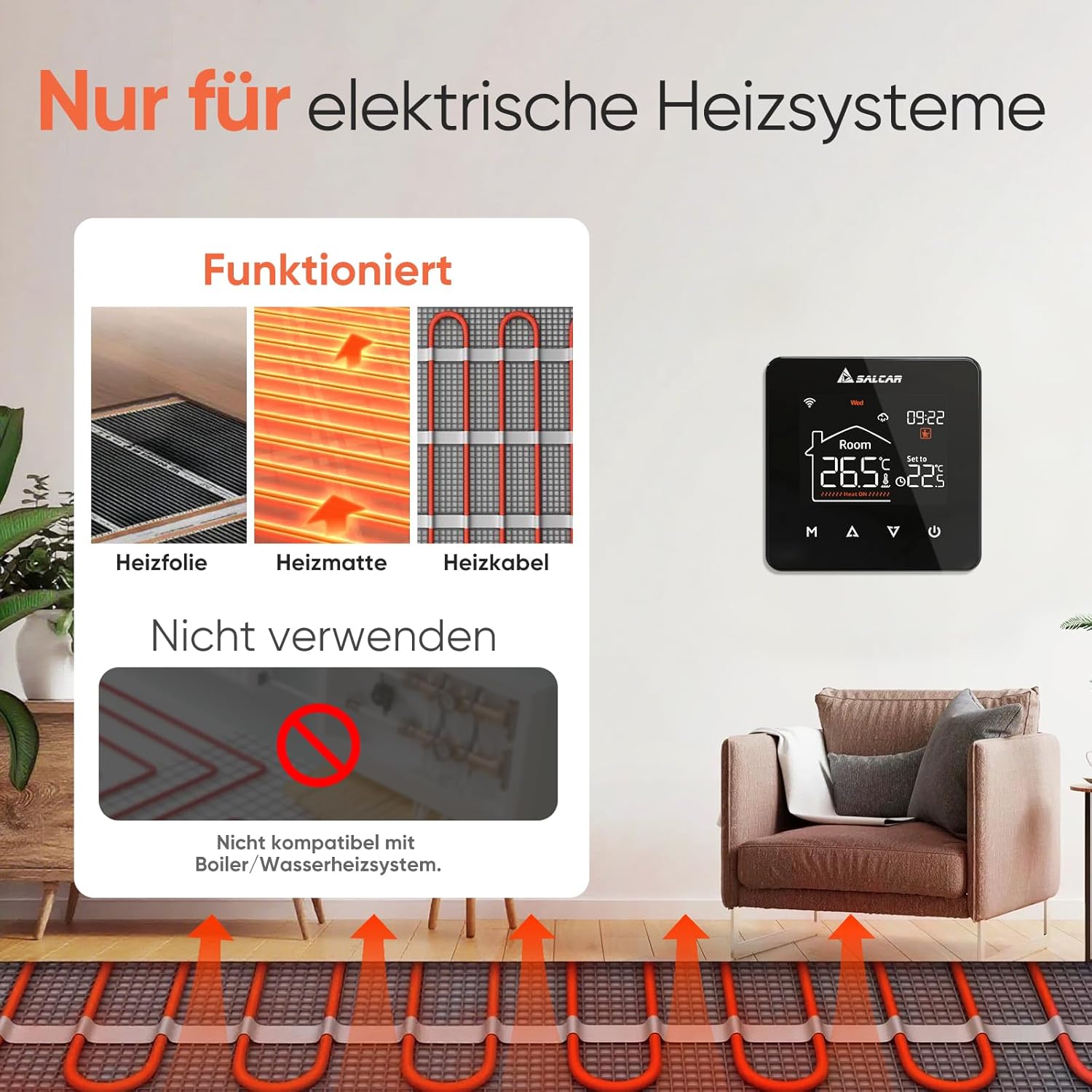 Salcar Smart WLAN Thermostat – Programmierbarer Raumthermostat für elektrische Fußbodenheizung 230V mit LCD-Display, Tuya kompatibel (16A) Salcar