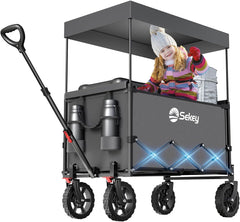 Sekey XXL Faltbarer Kinder-Handwagen mit Dach, 150 L, 150 kg, Sonnenschutz, Strand- & Campingwagen, Grau/Blaugrün/Schwarz, Modell S4018