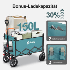 Sekey XXL Faltbarer Kinder-Handwagen mit Dach, 150 L, 150 kg, Sonnenschutz, Strand- & Campingwagen, Grau/Blaugrün/Schwarz, Modell S4018