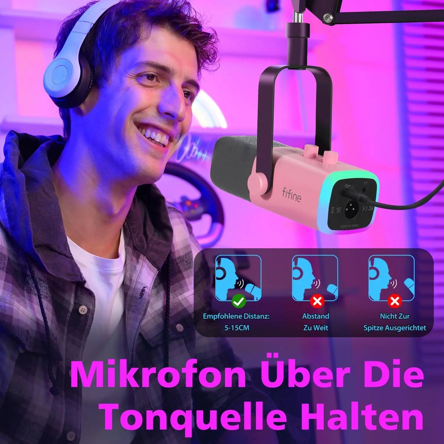 Fifine USB / XLR Dynamisches Mikrofon mit Arm, Stummschalttaste und Kopfhörerbuchse Sekey