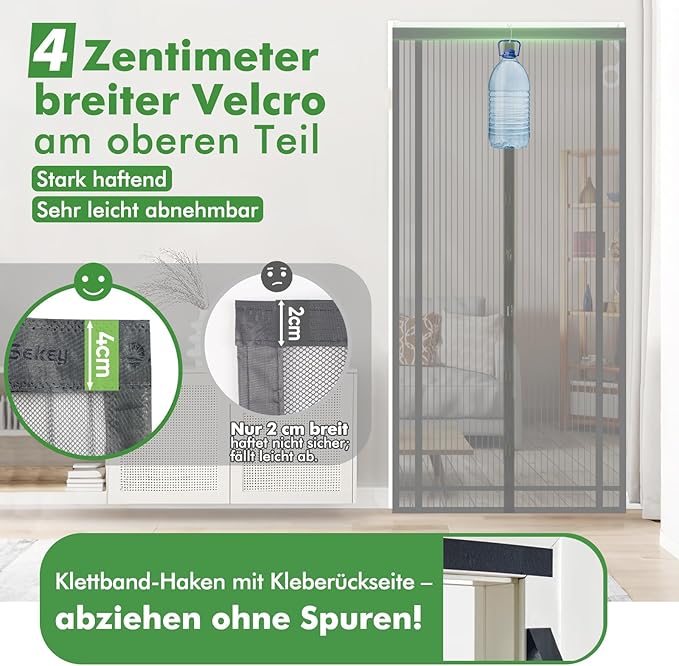 Sekey Fliegengitter Tür, Zuschneidbar & Selbstklebend, Magnetverschluss ohne Bohren, Insektenschutz für Balkon-, Terrassen- & Zimmertüren, Grau Sekey