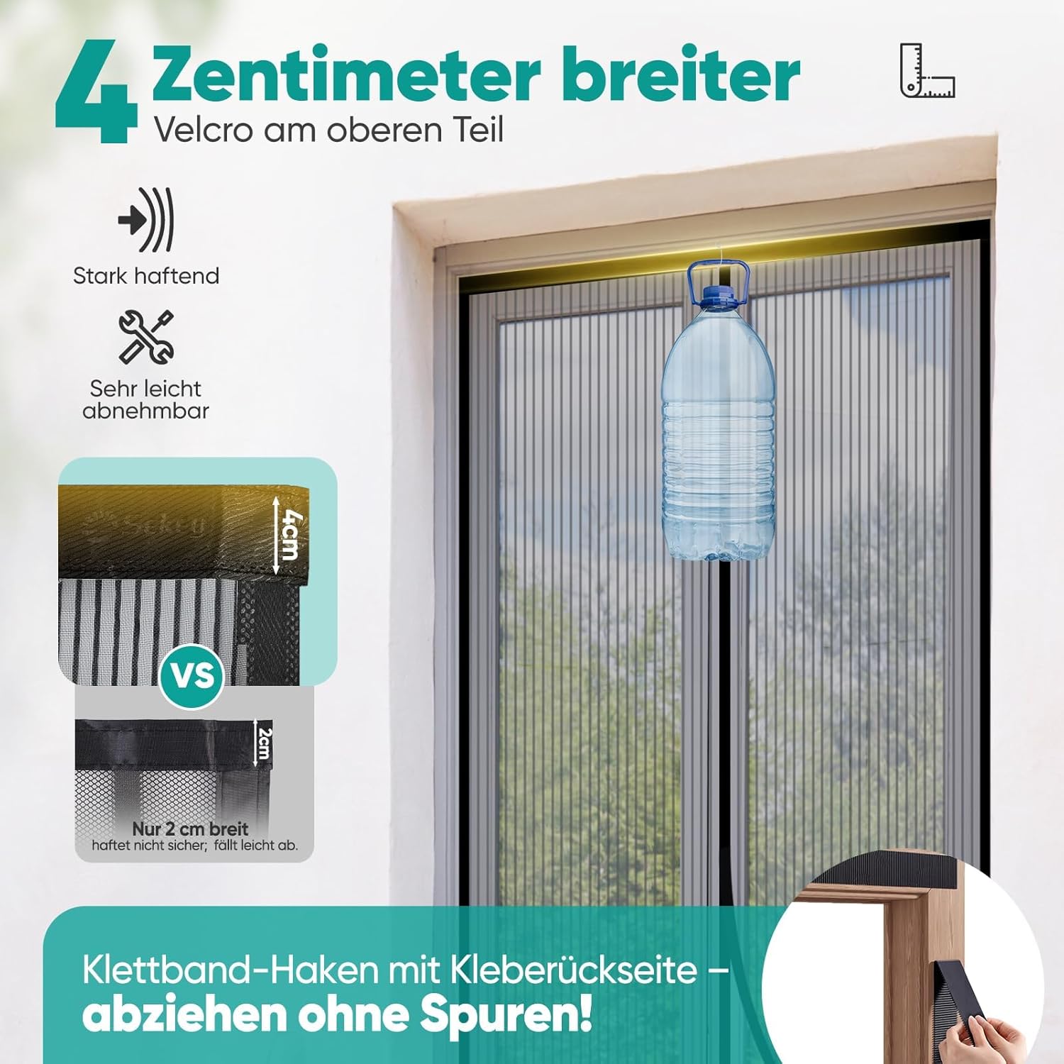Sekey Magnetisches Fliegengitter für Balkontür – Ohne Bohren, Katzensicher & Reißfest, Insektenschutz mit Klettverschluss & Extra Breitem Klebeband Sekey