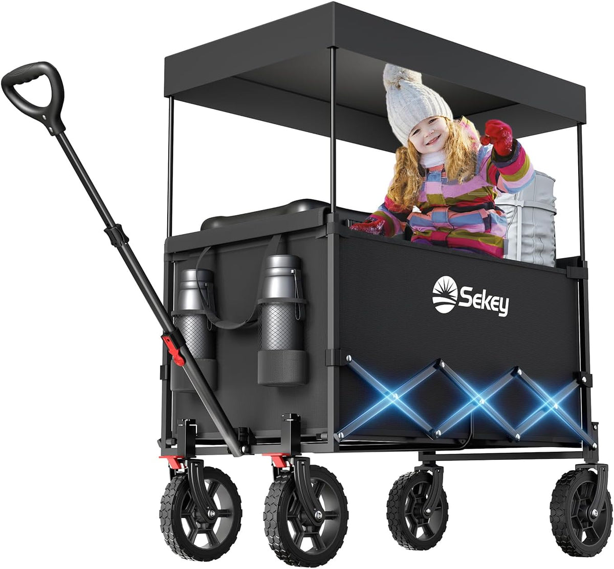 Sekey XXL Faltbarer Kinder-Handwagen mit Dach, 150 L, 150 kg, Sonnenschutz, Strand- & Campingwagen, Grau/Blaugrün/Schwarz, Modell S4018