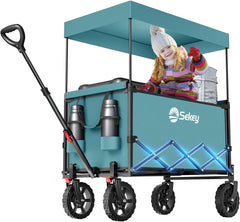 Sekey XXL Faltbarer Kinder-Handwagen mit Dach, 150 L, 150 kg, Sonnenschutz, Strand- & Campingwagen, Grau/Blaugrün/Schwarz, Modell S4018
