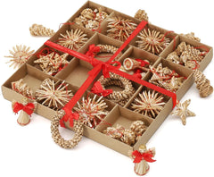 Salcar 56-teiliges Weihnachtsbaumschmuck aus Stroh – Handgefertigtes Strohsterne Set, natürliche Christbaum Anhänger aus 100 % Stroh für nachhaltige Weihnachtsdekoration
