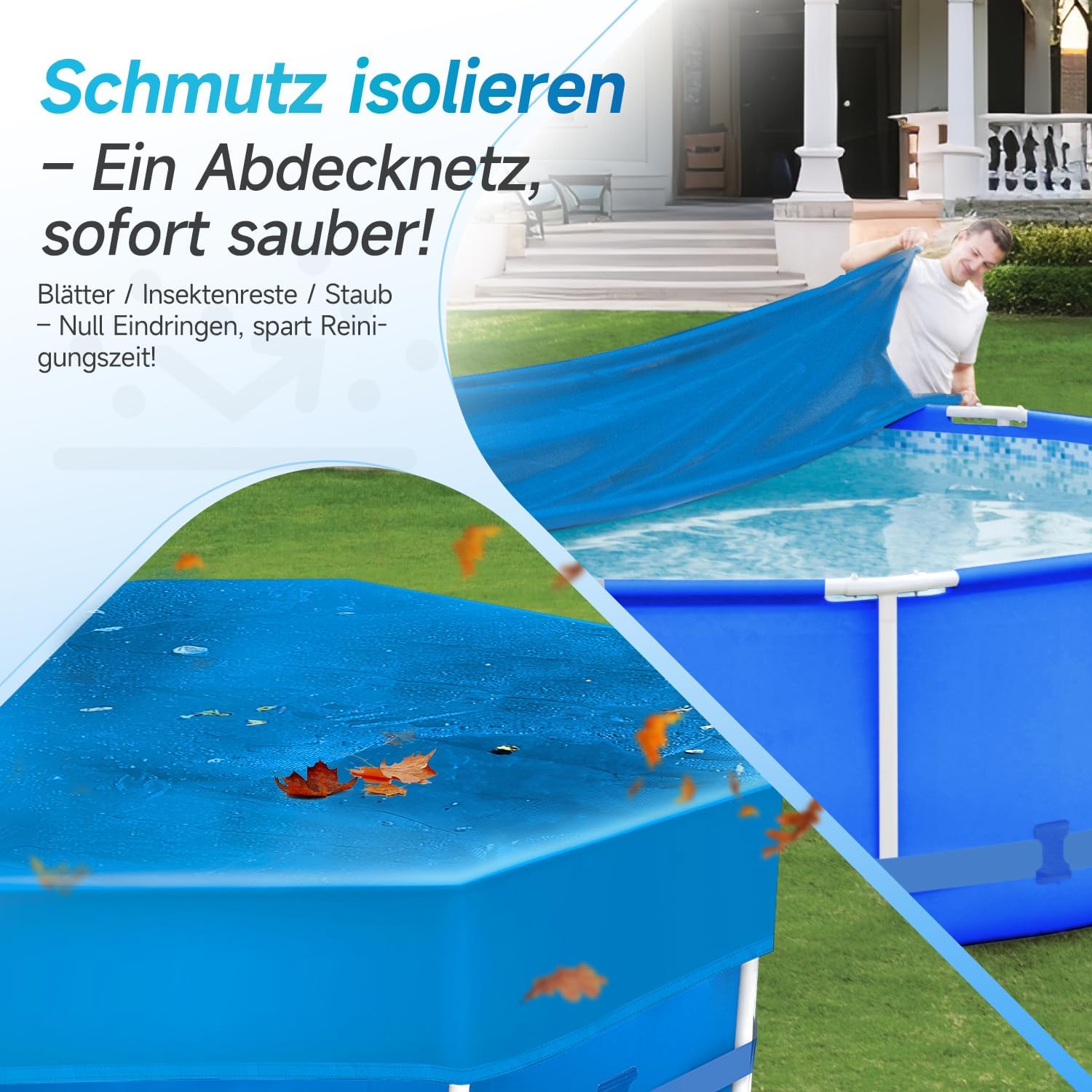 Sekey Poolabdeckung rund, passend für runde Stahlrahmenpools, reißfest und winddicht, mit verstellbaren Schnallen und Klettverschluss, blau Sekey